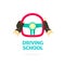 Driving school logo template, hands holding steering wheel thumb up