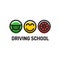 Driving school logo template. Symbols of driving wheel, smiling