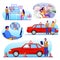 Driving school set, flat vector isolated illustration. Driver education with instructor, online lessons.