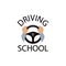 Driving school sign. Diver with hands holding steering wheel.