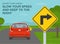 Driving tips and traffic regulation rules. `Sharp turn` ahead, slow your speed and keep to the right. Red car is turning right.