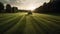 Driving tractor through green meadow at sunset generated by AI