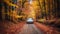 Driving on a vibrant autumn dirt road through the forest generated by AI