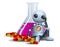 droid little robot consuming pills on isolated white