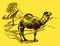 Dromedary camelus dromedarius standing in the sahara desert in front of a palm and three pyramids, on a yellow background