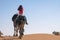 Dromedary caravan with riding tourist in the Moroccan desert