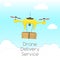 Dron delivery service vector illustration. Drone deliverying package to customers against sky background with clouds