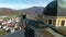 Drone aerial circular view of the Fojnica church tower in Franciscan monastery,