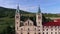 Drone aerial circular view of the Guca Gora church tower in Franciscan monastery,