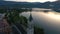 Drone aerial circular view of the Rama Scit church tower in Franciscan monastery,