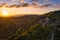 Drone aerial panorama of Termas Radium Hotel Serra da Pena at sunset in Sortelha, Portugal