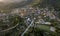 Drone aerial scenery of traditional village of Papingo , Zagorochoria area, in , Epirus, Ioannina Greece.