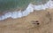 Drone aerial scenery of unrecognised people walking in a sandy beach in winter. Windy waves crashing on the shore