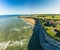 Drone aerial view of the beach and white cliffs, Margate, England