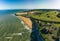 Drone aerial view of the beach and white cliffs, Margate, England