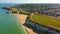 Drone aerial view of the beach and white cliffs, Margate, England