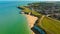 Drone aerial view of the beach and white cliffs, Margate, England