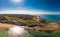 Drone aerial view of the beach and white cliffs, Margate, England, UK