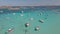 Drone aerial view of boats in Maddalena Archipelago, Sardinia, Italy.