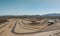 Drone Aerial view of the Circuito De Almeria Race Track in the Tabernas Desert Spain