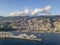 The drone aerial view of cruise ship mooring the port of Funchal