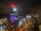 Drone aerial view of Europa Bussines and Shopping center in city of Banska Bystrica during winter evening