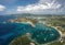 The drone aerial view of Galleon Beach, Freeman\\\'s Bay and English Harbor in Antigua.