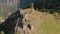 Drone aerial view. Historic watchtowers in Tusheti, Georgia. Old towers made of natural stone