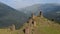 Drone aerial view. Historic watchtowers in Tusheti, Georgia. Old towers made of natural stone