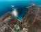 Drone aerial view of Konnos Beach in Cyprus island from a bird\'s eye