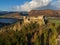 Drone aerial view from south of the Sasov castle during late autumn sunset