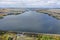 Drone arial view Ukrainian open spaces, dam on the river