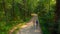 DRONE: Athletic couple jogging down gravel trail running through the woods.