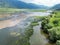 Drone-captured photograph at Lake Matese, Campania, Italy, featuring an aerial view of the lake, mountains