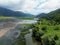 Drone-captured photograph at Lake Matese, Campania, Italy, featuring an aerial view of the lake, mountains