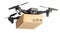 Drone with a cardboard box makes delivery by air. Drone with a camera carries postal parcel. Isolated on white background