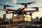 A drone carrying a box. A transport drone transports cargo and shipments to customers. Industrial drone air transport
