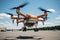 A drone carrying a box. A transport drone transports cargo and shipments to customers. Industrial drone air transport