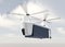 Drone carrying cargo container flying in the sky