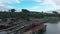 Drone circles around docks and marina in Bandon, Oregon, USA.