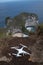 Drone on the cliff over beautiful Kelingking Beach in Nusa Penida, Bali