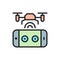 Drone with control panel, mobile remote controller flat color line icon.