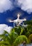 Drone copter flying with digital camera in tropics.