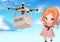 Drone Deliver box in the air to girl with beautiful sky background