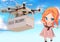 Drone Deliver box in the air to girl with beautiful sky background