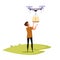 Drone delivering box flat vector illustration