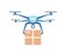 Drone delivers cargo. Modern quadrocopter with propellers carries box to buyer