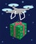 Drone delivers gift. Green box red bow. Vector