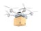 Drone delivery cardboard package on white background
