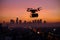 Drone delivery in urban sunset skyline